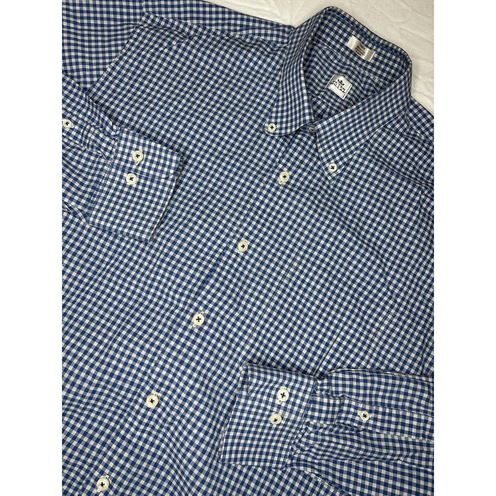 Peter Millar Men's Large Long Sleeve Button Down Gingham Check Shirt‎ Blue White